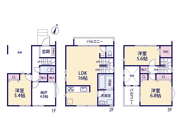 【間取り-2号棟-】水回りが2階に集中しており、家事導線の良い間取りとなっております。
