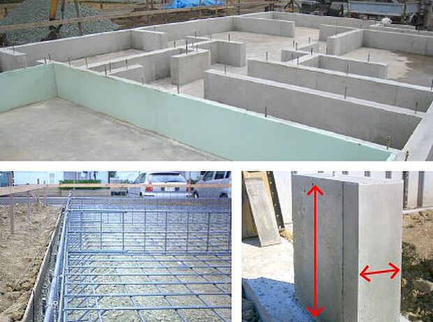 床面と立ち上がり部分が一体となる強固なベタ基礎工法。鉄筋はあらかじめ工場でつくる ことで現場加工による精度のバラツキもなくしています。