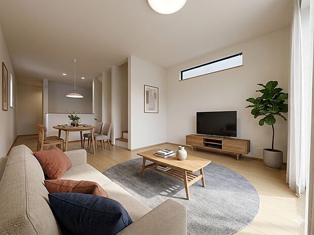 【リビングダイニング18帖】シンプルなデザインの家は風情がある。住む人のこだわりを感じる。＊CGにより家具を配置しています。家具等は付帯しません