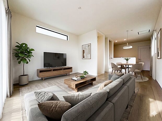 【リビングダイニング15.62帖】シンプルなデザインの家は風情がある。住む人のこだわりを感じる。＊CGにより家具を配置しています。家具等は付帯しません