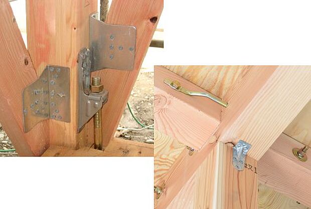 ●ホールダウン金物:基礎と柱を強固に連結して建物の強度を高めます。 ●羽子板金物:地震や台風時などに梁などが外れてしまうことを防ぐ重要な金物です。