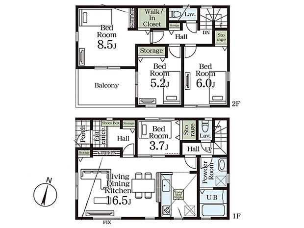 【間取り図】1階LDK16.5帖、洋室3.7帖、2階洋室8.5帖・6帖・5.2帖