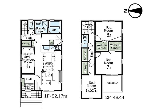 1号棟【間取り図】1階LDK17帖、和室4帖・2階洋室7.25帖・5.25帖・5.25帖