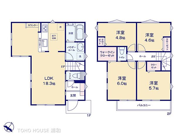 【間取り図】4LDK+WIC LDKにカウンターあり アクセントクロスあり