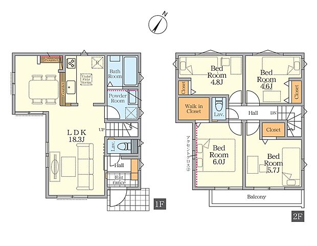 【間取り図】4LDK+WIC LDKにカウンターあり アクセントクロスあり