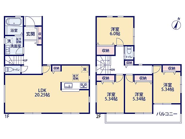 【間取図】LDK20.25帖/洋室6.0帖/洋室5.34帖/洋室5.34帖/洋室5.34帖/各居室収納あり
