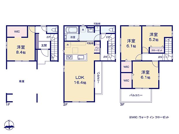 【間取図】LDK16.4帖/洋室8.4帖/洋室6.1帖/洋室6.1帖/洋室5.2帖/WIC×3/