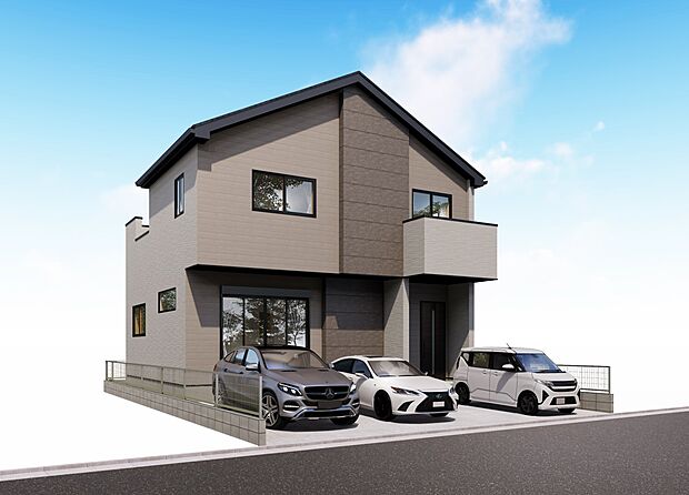 【-完成予想パース-】  堂々たるファザード。優美に佇む外観。暮らす家族と来訪者の目をの楽しませる演出。