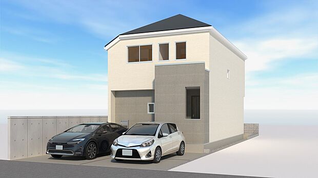 【-完成予想パース-】無垢でモダンな外観と内装は、明るい陽光に映え、心地よく健やかな毎日を楽しむ暮らし方をデザインしました。