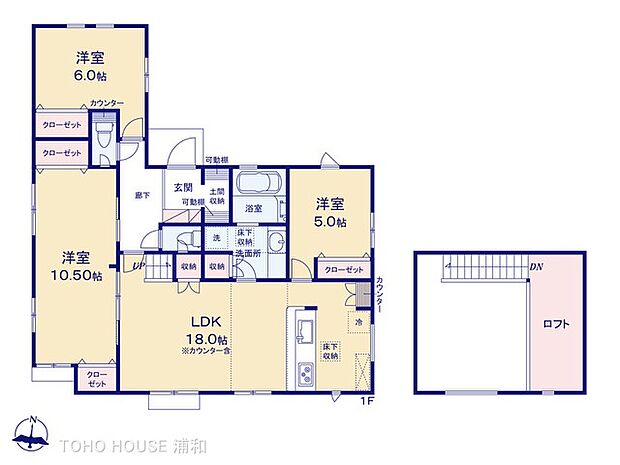 【間取り図】LDK18帖、洋室10.5帖・6帖・5帖