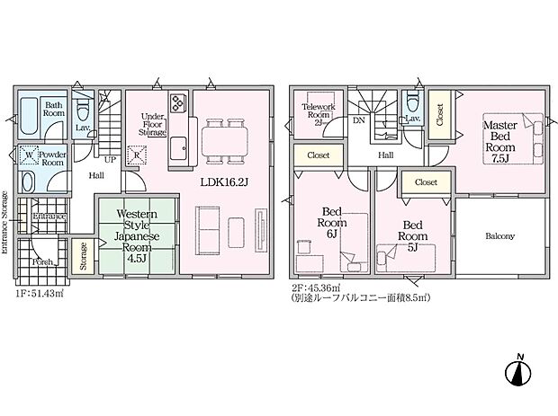 【間取図】LDK16.2帖、和室4.5帖、洋室7.5帖・6帖・5帖、テレワークルーム2帖