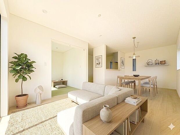 【LDK16.2帖】リビングにいるお子様と会話をしながら家事ができるカウンターキッチン。家具はCGです。