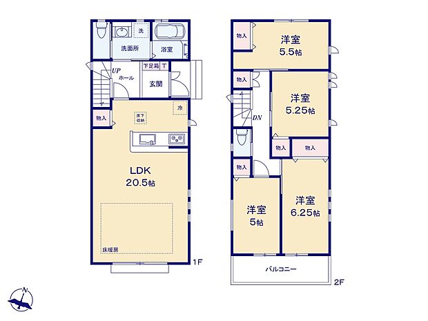 E号棟【間取り図】LDK20.5帖　床暖房あり