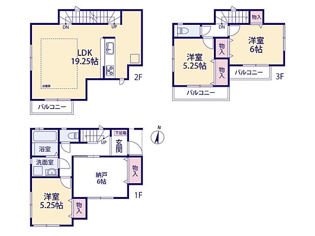 【間取-1号棟-】地形を活かした使いやすい間取、LDKは19.25帖で広々です。