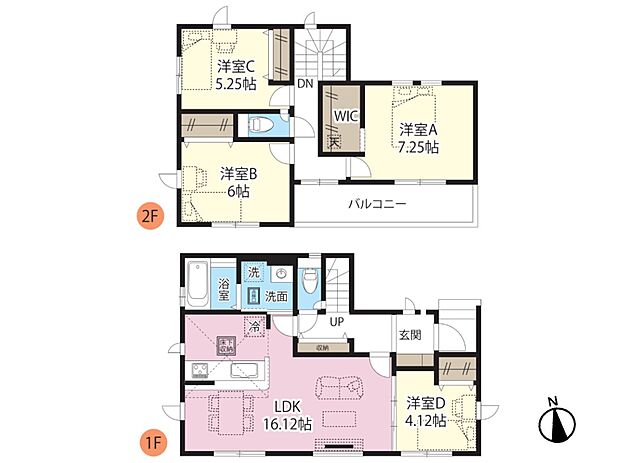 【間取り図面】LDK16.12帖　洋室A7.25　洋室B6帖　洋室C5.25帖　洋室D4.12帖