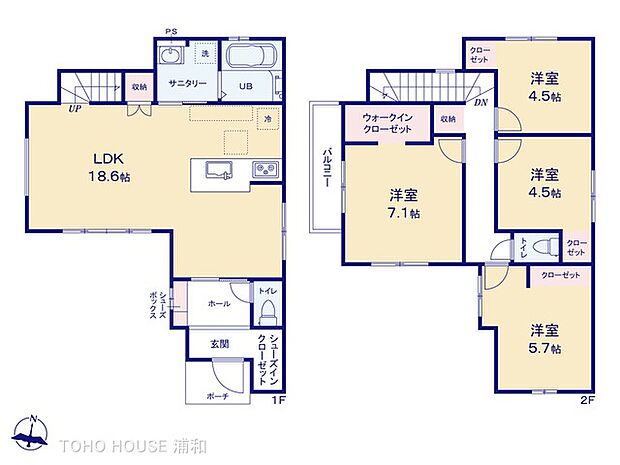 【間取り図】土地面積106.36m2　建物面積99.57m2　4LDK