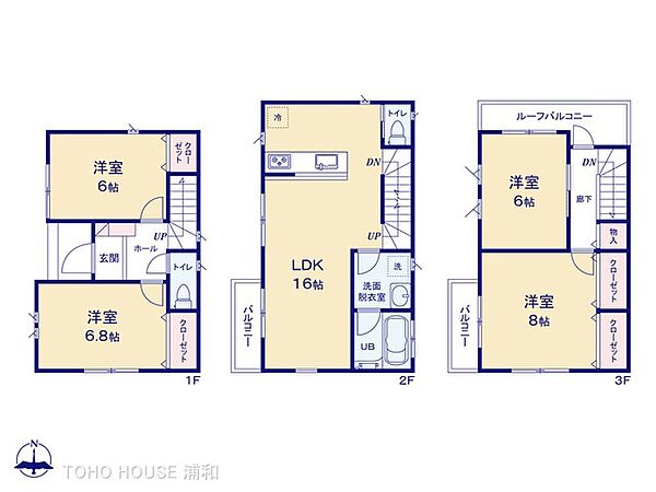 1号棟【間取り図】1階洋室6.8帖・6帖、2階LDK16帖、3階洋室8帖・6帖