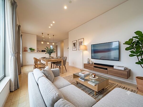 1号棟【LDK16帖】うららかな陽射しがどのお部屋にも降り注ぎますように、快適さを追求した間取設計。「※生成AIによるイメージです。家具・小物は販売価格に含まれません。」