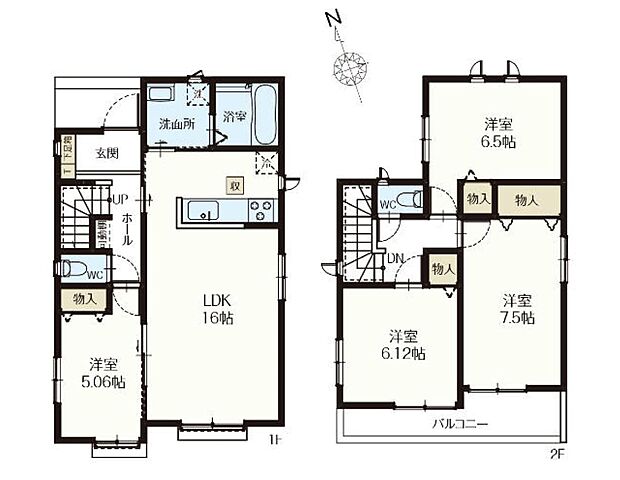 【間取-E号棟-】4LDK、各居室5帖以上、カースペース2台可、導線を意識した間取りです。