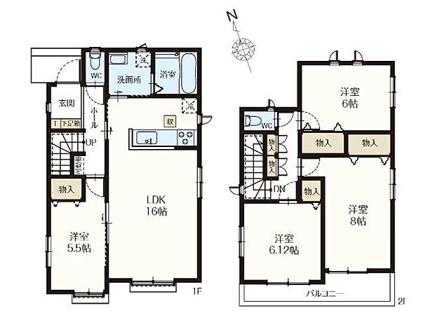 【間取-F号棟-】4LDK、各居室5帖以上、カースペース2台可、導線を意識した間取りです。