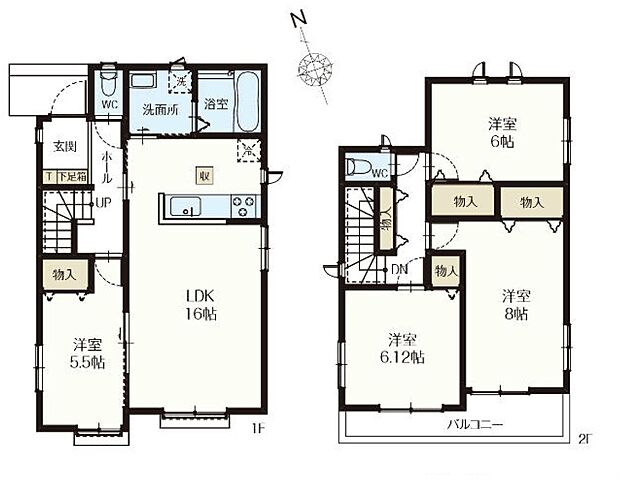 【間取-B号棟-】4LDK、各居室5帖以上、カースペース2台可、導線を意識した間取りです。