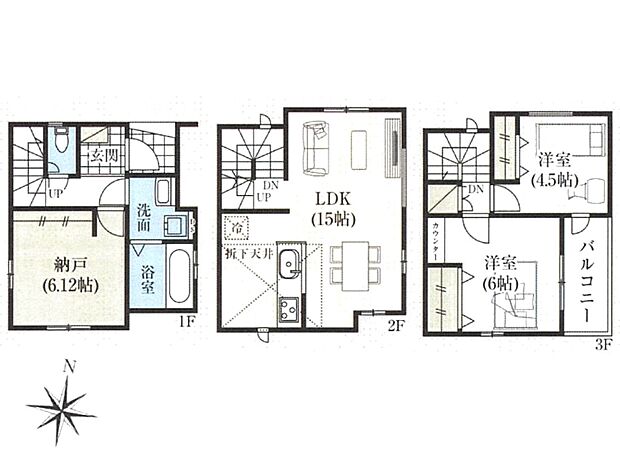 【間取り図】LDK15帖 南向きバルコニー付き