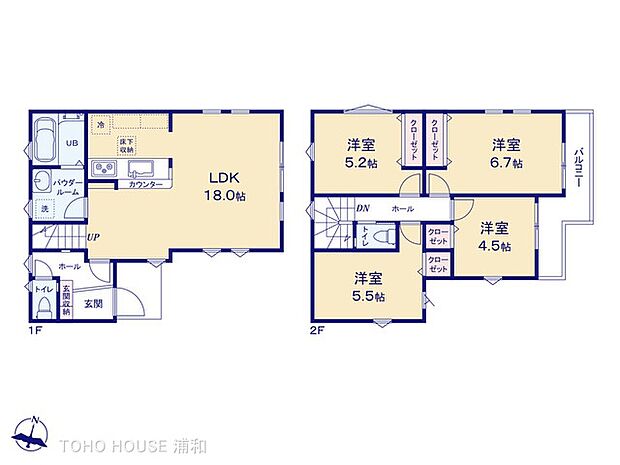 1号棟【間取り図】LDK18帖、洋室6.7帖・5.5帖・5.2帖・4.5帖