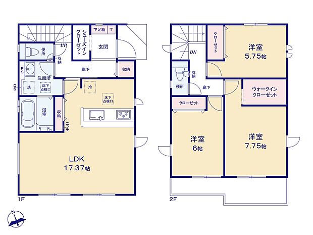2号棟【間取り図】LDK17.37帖+南庭 南面ワイドバルコニー付き