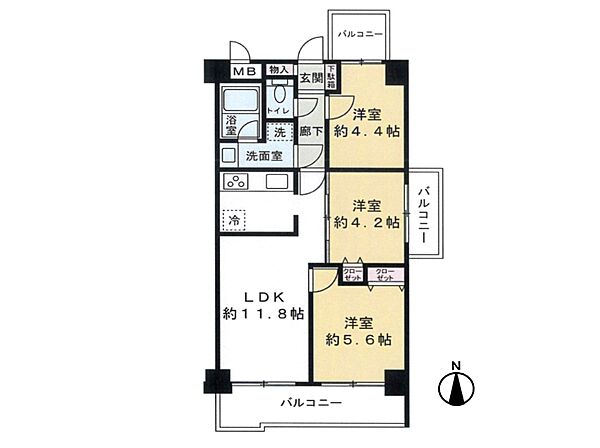 【間取り】南向きの間取りにて陽当たり良好。