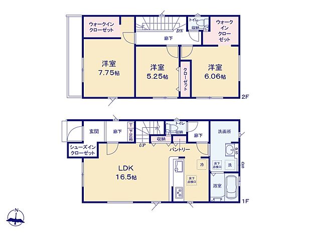 1号棟【間取り図】LDK16.5帖 大容量のウォークインクローゼットやパントリー付き