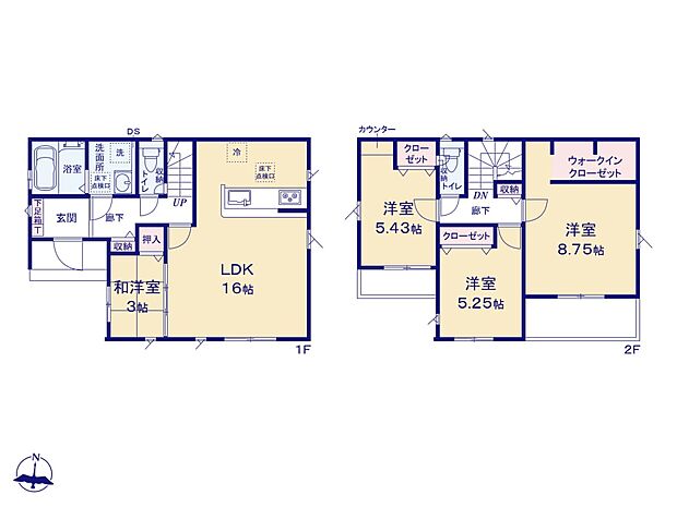 【間取り図】LDK16帖+和洋室3帖 全室南向き