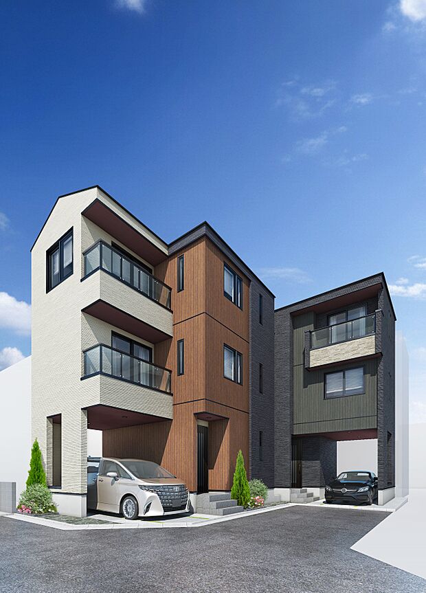 5号棟【-完成予想パース-】 堂々たるファザード。優美に佇む外観。暮らす家族と来訪者の目をの楽しませる演出。