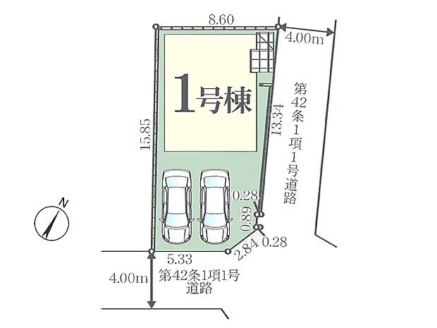 【区画図】並列2台が駐車できる南東角地