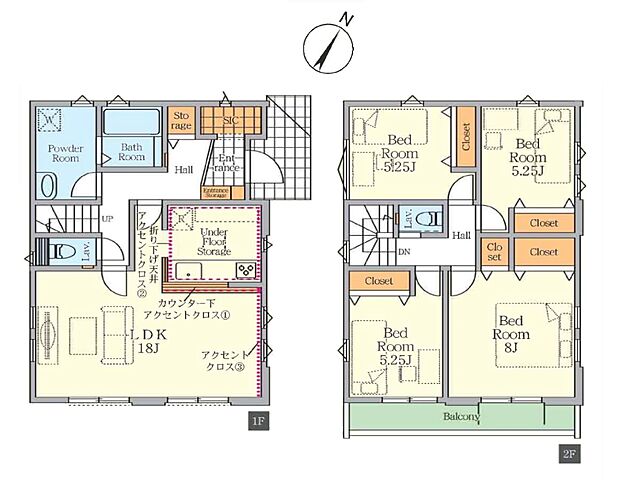 【間取図】18帖のＬＤＫ　2階には収納もたっぷりな居室が4部屋