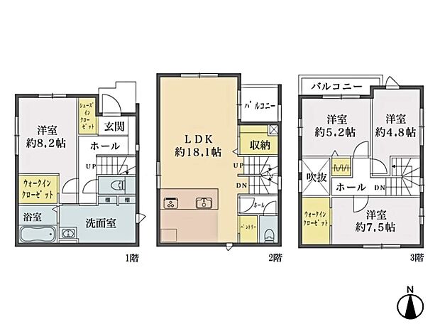 【間取り図】1階8.2帖、2階LDK18.1帖、3階7.5帖・5.2帖・4.8帖