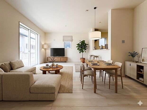 【リビングダイニング20.7帖】シンプルなデザインの家は風情がある。住む人のこだわりを感じる。※生成AIによるイメージです。家具・小物は販売価格に含まれません。  