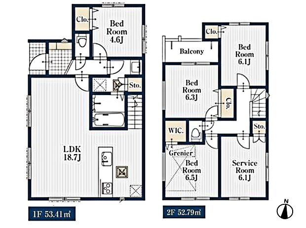 【間取り図面】1号棟 土地面積97.04m2(29.35坪) 建物面積106.20m2(32.12坪)
