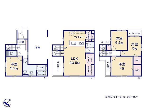 【間取図】LDK20.5帖/洋室7帖/洋室5.2帖/洋室5.0帖/WIC×2