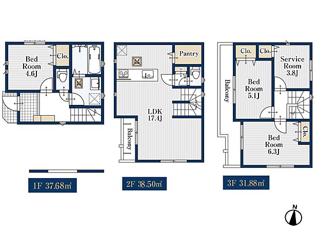 【間取り図面】2号棟　土地面積60.99ｍ2（18.44坪）建物面積108.06ｍ2（32.68坪）
