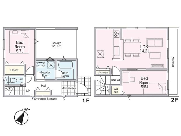 【間取り】LDK14.2帖　洋室5.6帖、5.7帖