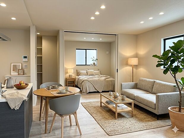 【LDK18帖】ダイニングテーブルを置いても十分な広さが確保されています。