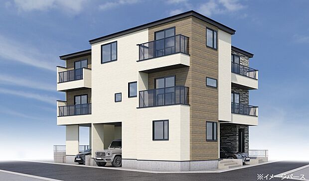 【外観イメージパース】木調、石調などナチュラルな素材感の切替で華美ではなく、存在感を静かに主張するデザイン。建築デザイナーが1邸ごとに最適な間取と空間を創ります。