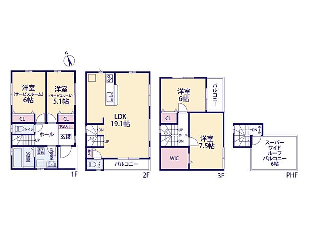 3号棟【間取り図】南側にカースペースを配置し、リビングに明るい陽光が差し込みます。