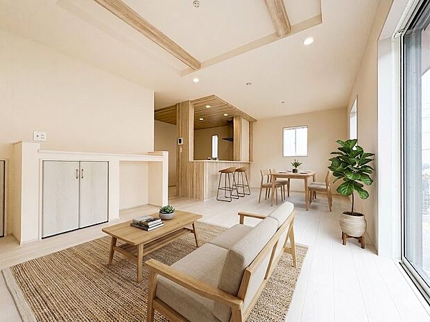【LDK17.25帖】シンプルなデザインの家は風情がある。住む人のこだわりを感じる。*AIにより家具を配置しております。家具等は付帯しません
