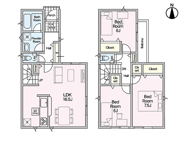 【間取り図】LDK16.5帖　2階建て仕様　ワイドバルコニーつき