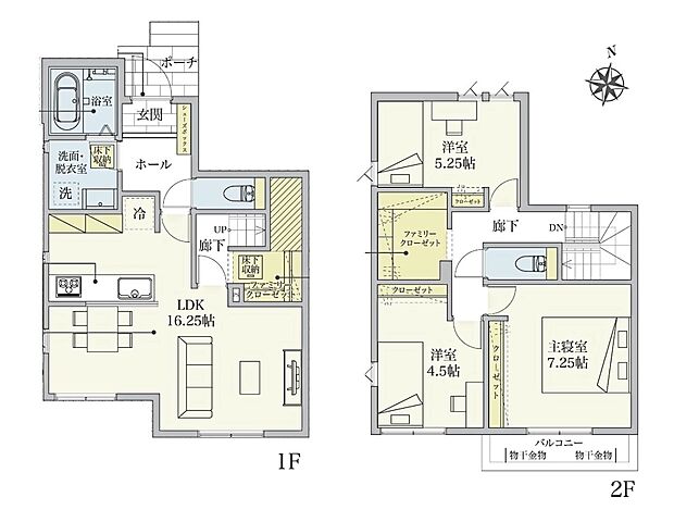 1号棟【間取り図】南・西側に開口を設け、採光に配慮した心地よいLDK。対面キッチンで家族とのコミュニケーションもはずみます。