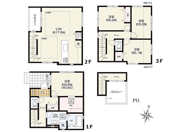 【3号棟-4LDK】LDK17.9帖 対面キッチン 広々ウォークインCL ルーフバルコニーあり