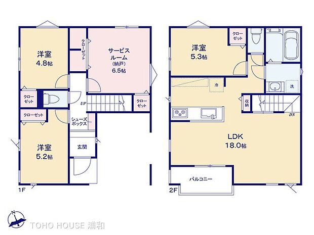 【間取図】LDK18.0帖/サービスルーム6.5帖/洋室5.3帖/洋室5.2帖/洋室4.8帖ビルトインガレージ/