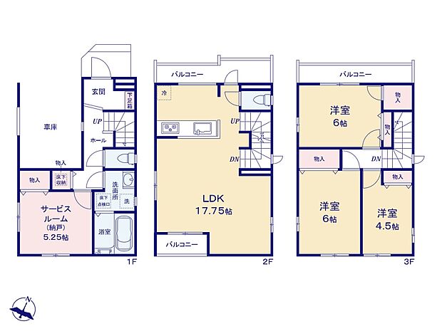 【B号棟:間取り図】3LDK+sルーム「LDK17.75帖」