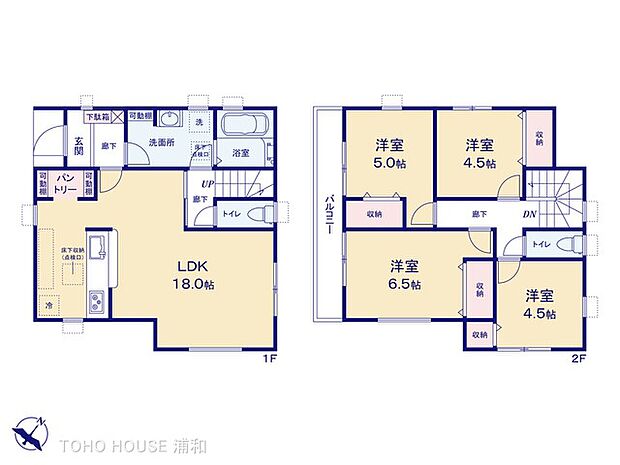 【2号棟 間取りプラン】2階4部屋プラン・LDK18帖・洗面室2ドア2方向への動線